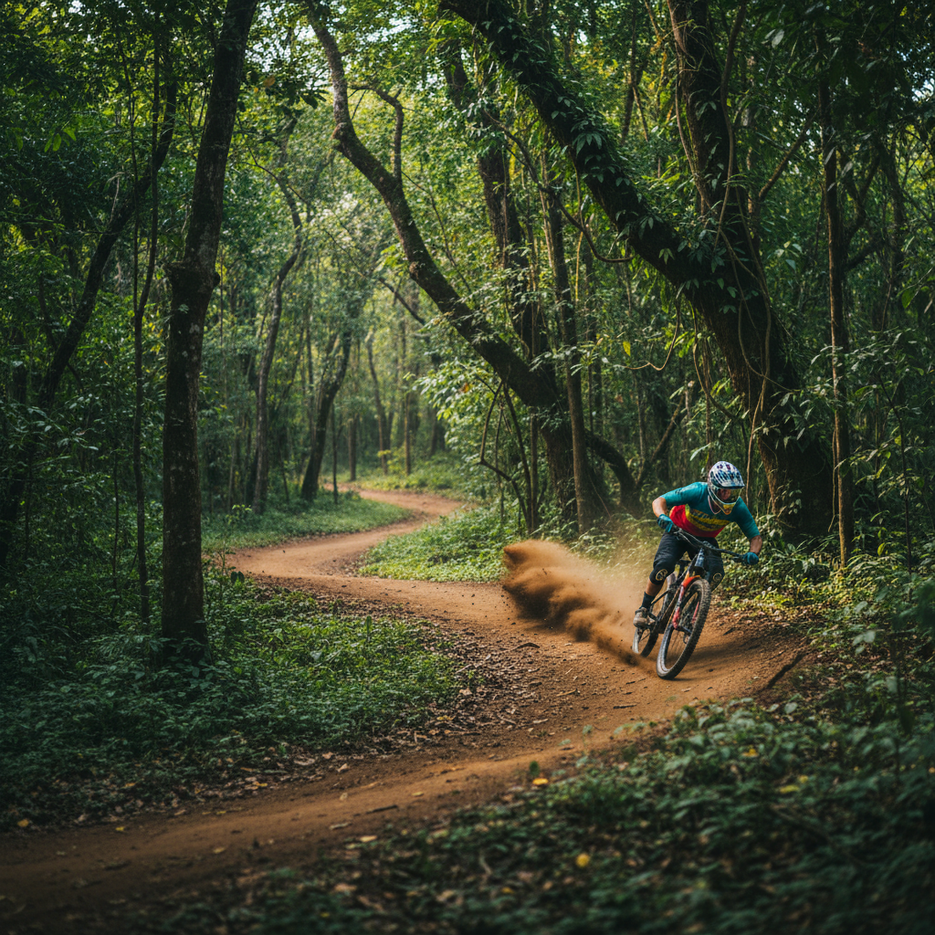 Ciclista de montaña en sendero de tierra en el entorno natural del Tigre