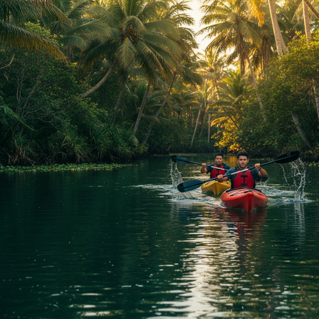 Kayak en los canales del Delta del Tigre, dos aventureros remando entre vegetación exuberante