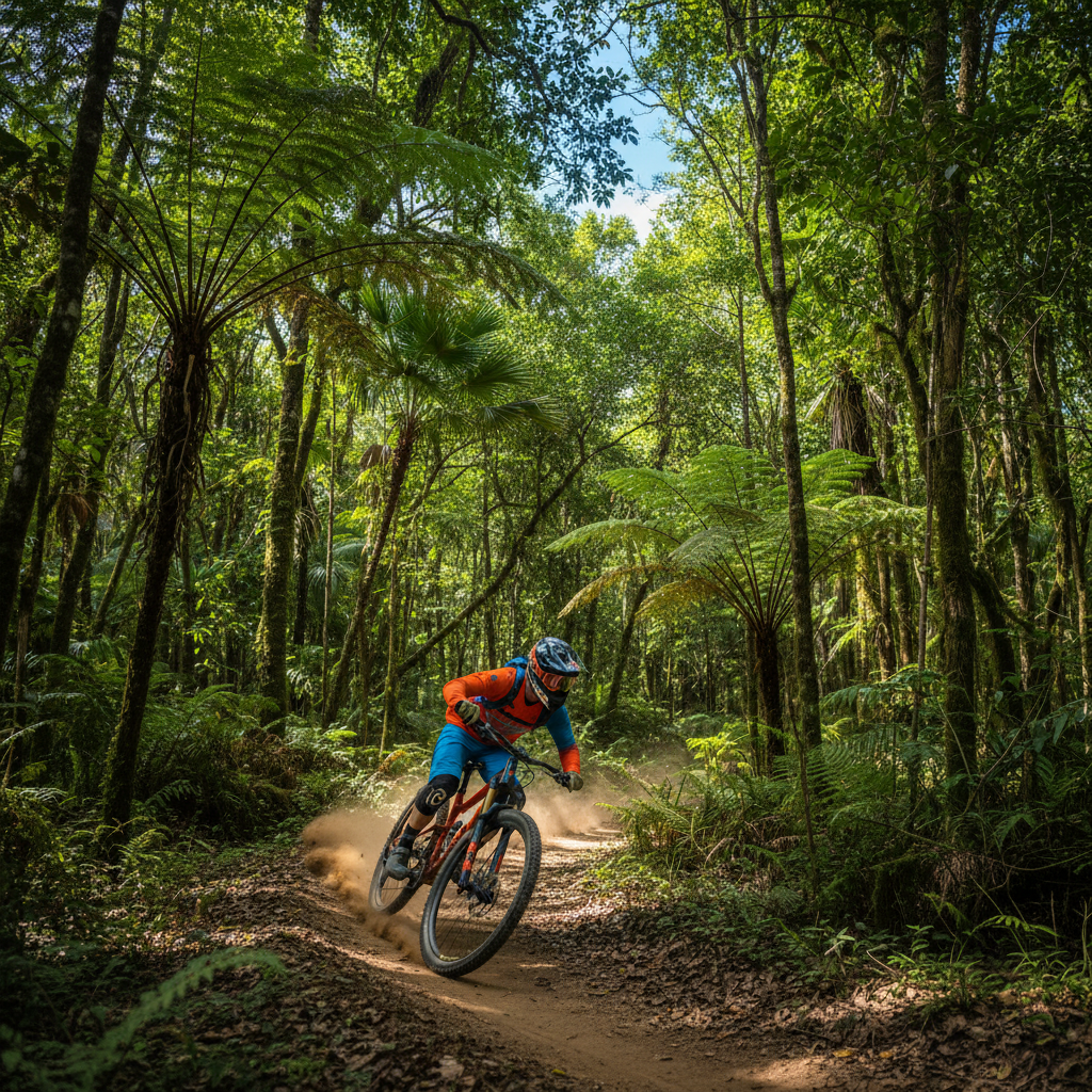 Ciclista de montaña en sendero de tierra en el entorno natural del Tigre