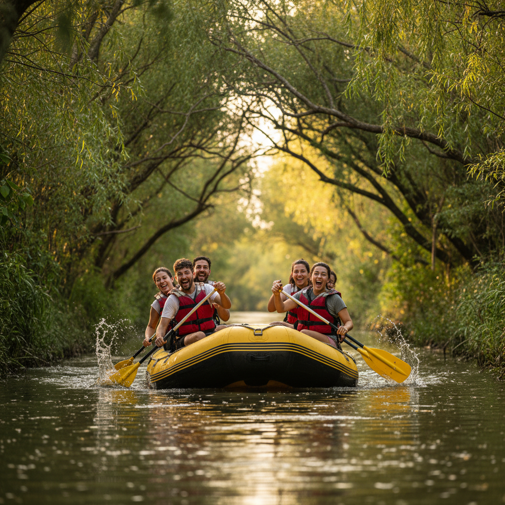 Grupo navegando en gomón por los canales del Delta del Tigre con emoción y acción