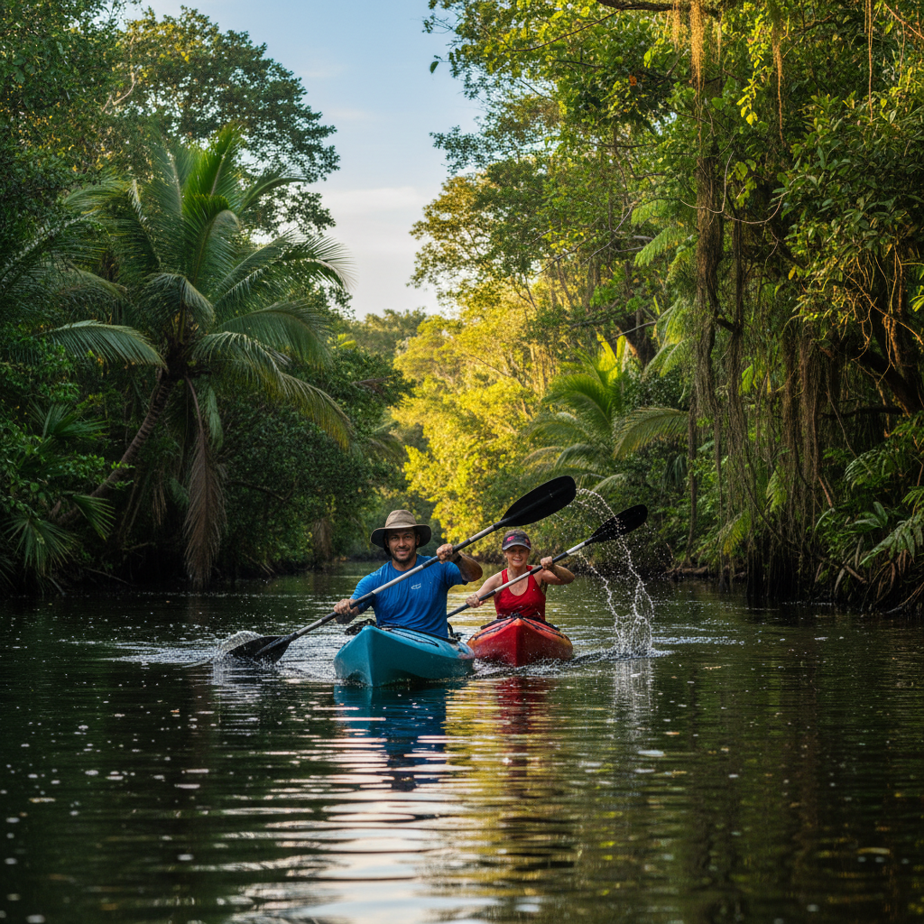 Kayak en los canales del Delta del Tigre, dos aventureros remando entre vegetación exuberante